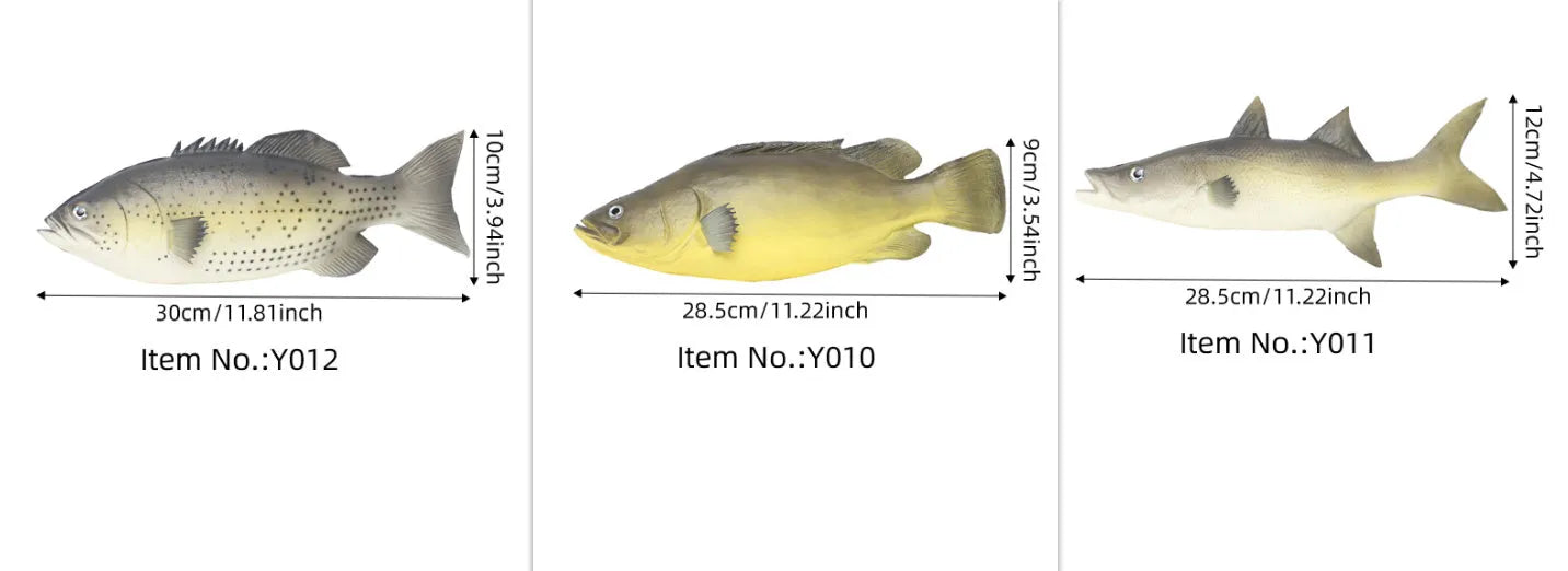 Three PU simulated fish models showing yellow-fin tuna variations on display surface