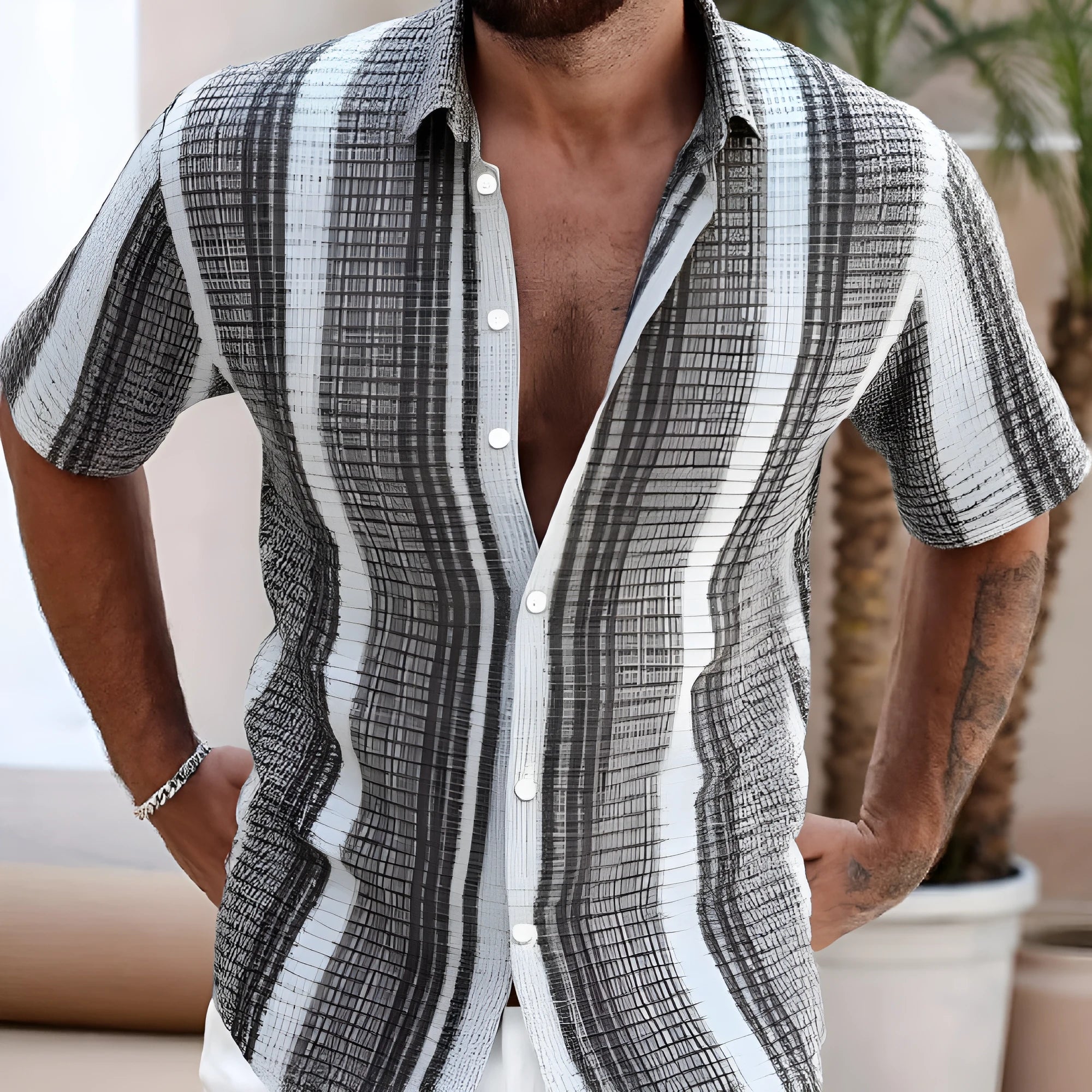 Men's slim fit short sleeve shirt with 3D printed flower pattern in polyester fabric