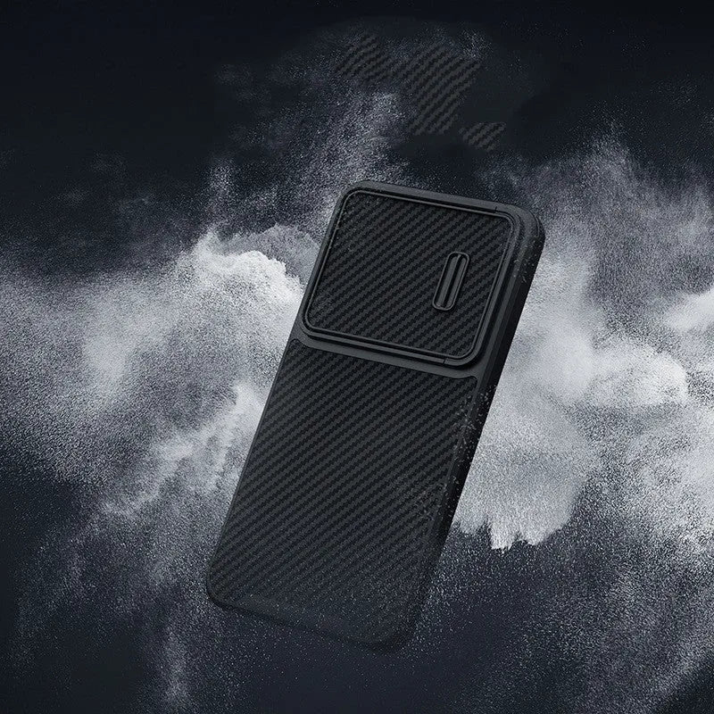 Black Samsung S23 Ultra mobile phone case with a flip-up lens cover over the camera, showing TPU+PC+carbon fibre construction.