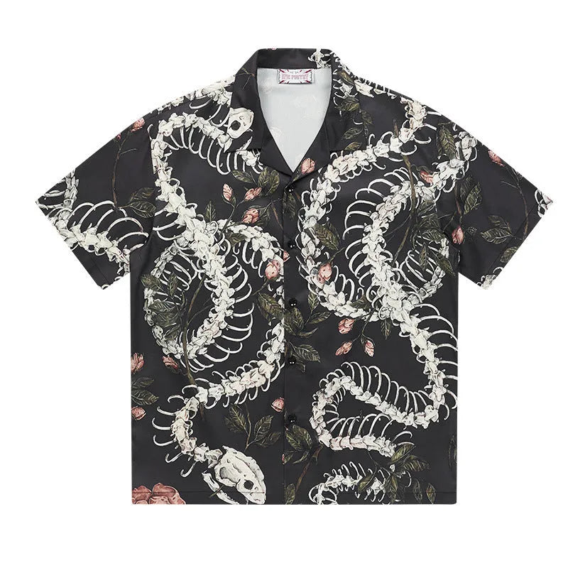 Snake bone pattern printed Cuban collar short sleeve shirt in loose fit cardigan style