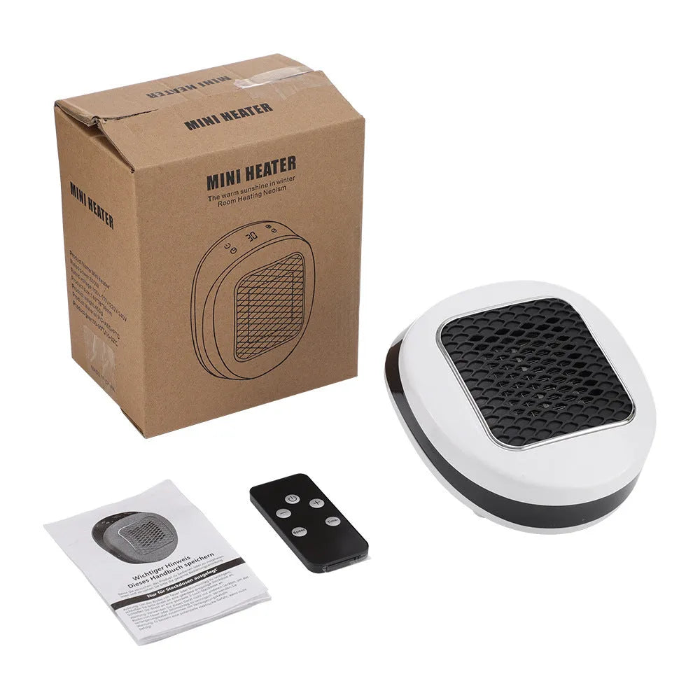 White ceramic heating electric hot air blower heater with remote control on a table.