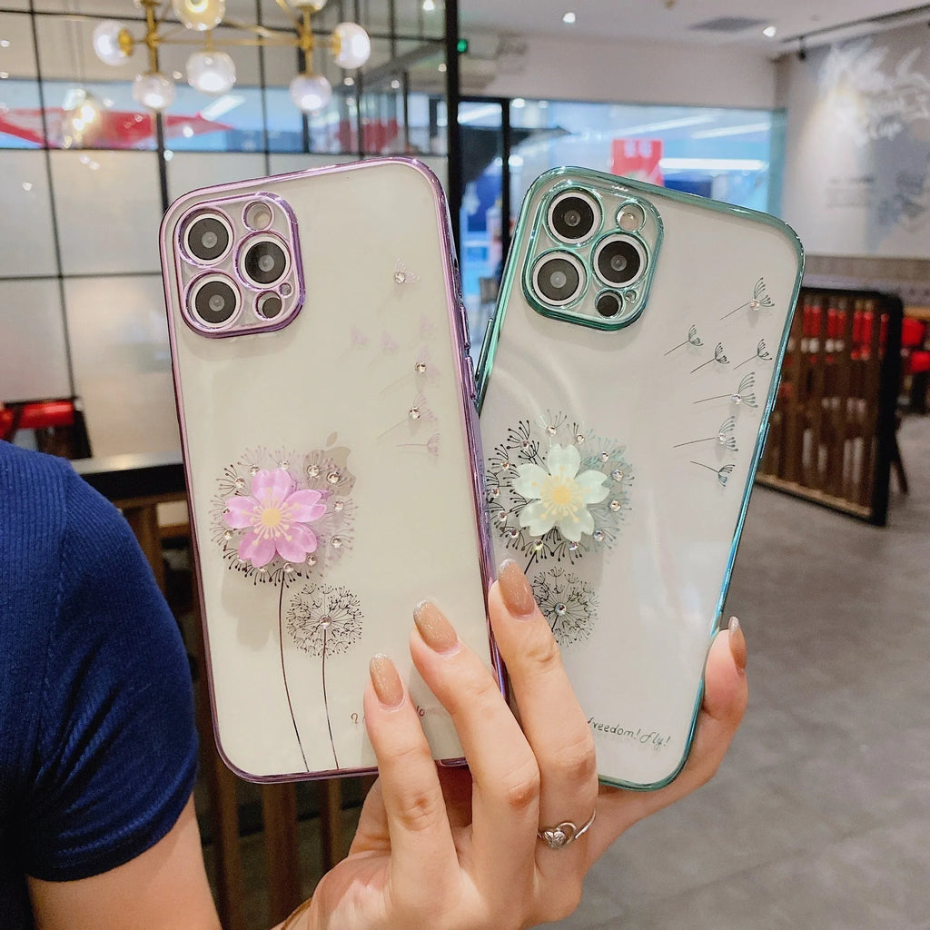 Green silicone iPhone case with a 3D floral design and a built-in spin stand on a white background.