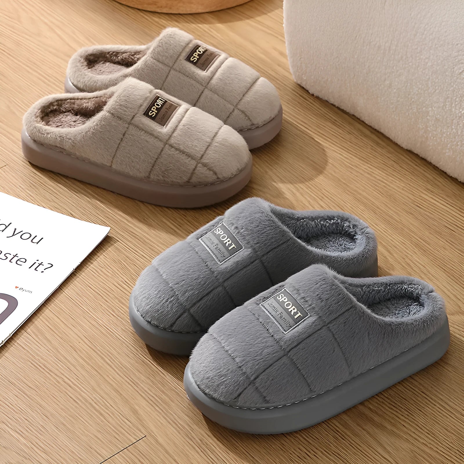 Men's plaid rabbit hair slippers with artificial wool lining and EVA soles