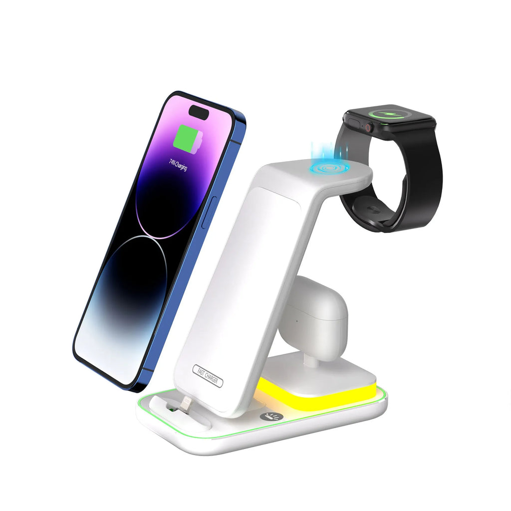 Black vertical wireless charging stand holding mobile phone upright while charging