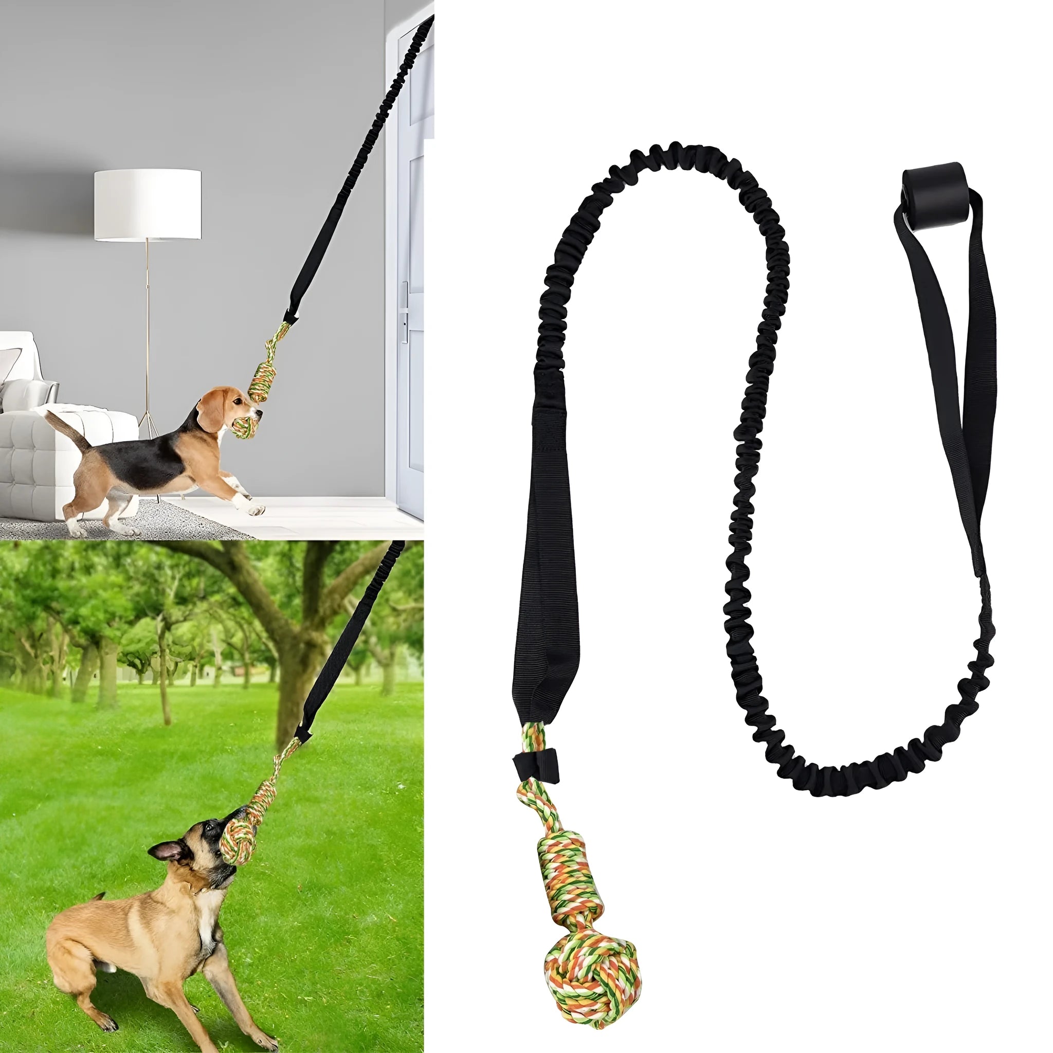 Hand-woven cotton tug rope dog toy in black, grey, or red colour.