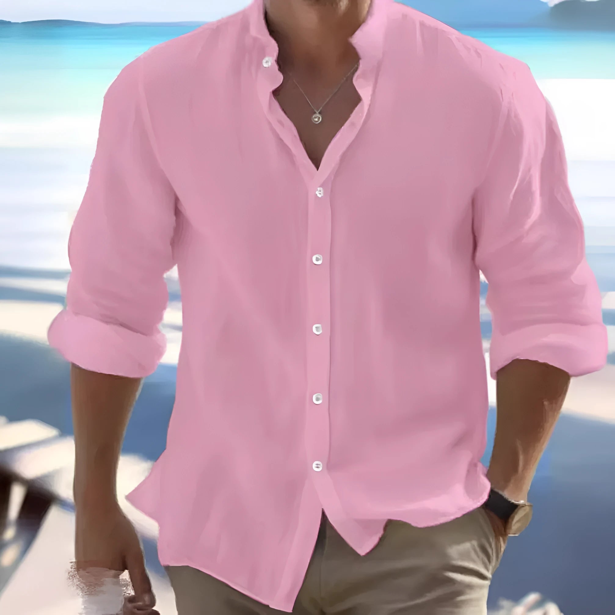 A man's light grey casual pullover shirt made from long-staple cotton fabric, shown on a hanger.