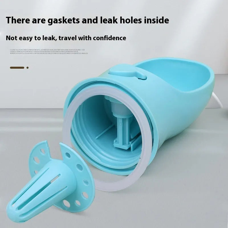 Portable blue dog water bottle with integrated drinking bowl showing split water grain design