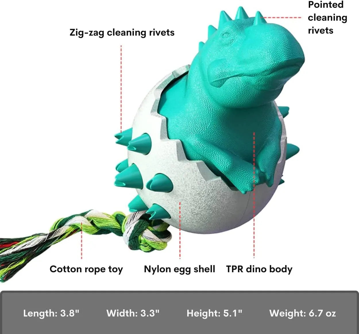 Blue dinosaur-shaped rubber dog chew toy with rope and textured cleaning nubs for aggressive chewers.