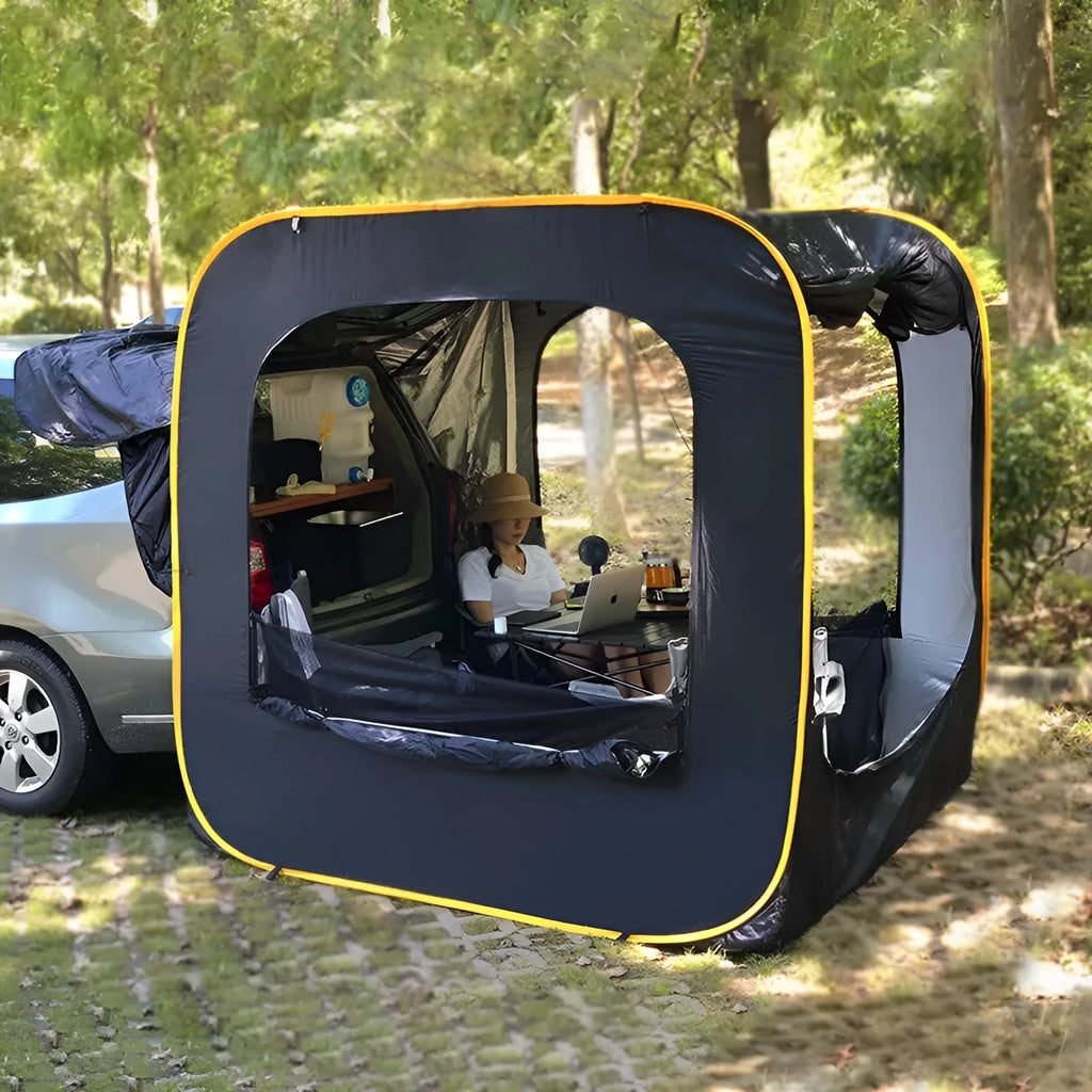 Black pop-up car tailgate tent with quick-throw design, shown unfolded to 200cm dimensions.