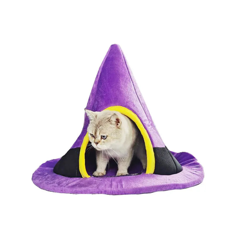 Purple cloth witch hat shaped cat bed for cats, shown with dimensions 60x46cm.