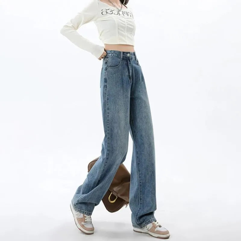 Retro blue women's wide leg jeans with high waist and straight leg styling