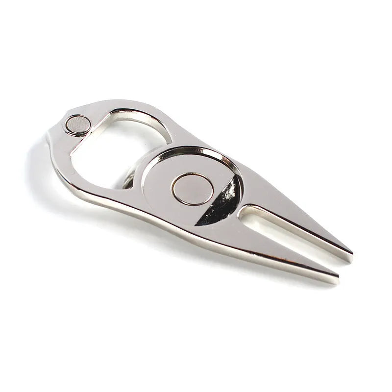 Zinc alloy golf ball yoke bottle opener tool showing black, green and silver colour options with coin