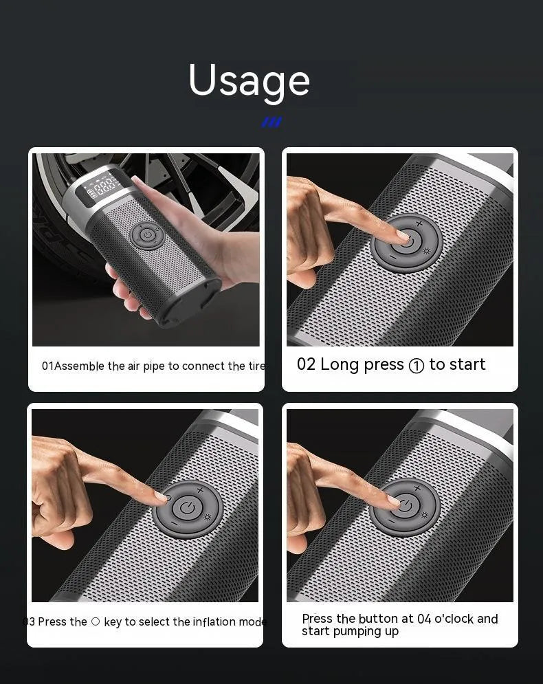Black portable wireless smart air pump with USB cable, 15cm tube, and nozzle accessories on a grey background.