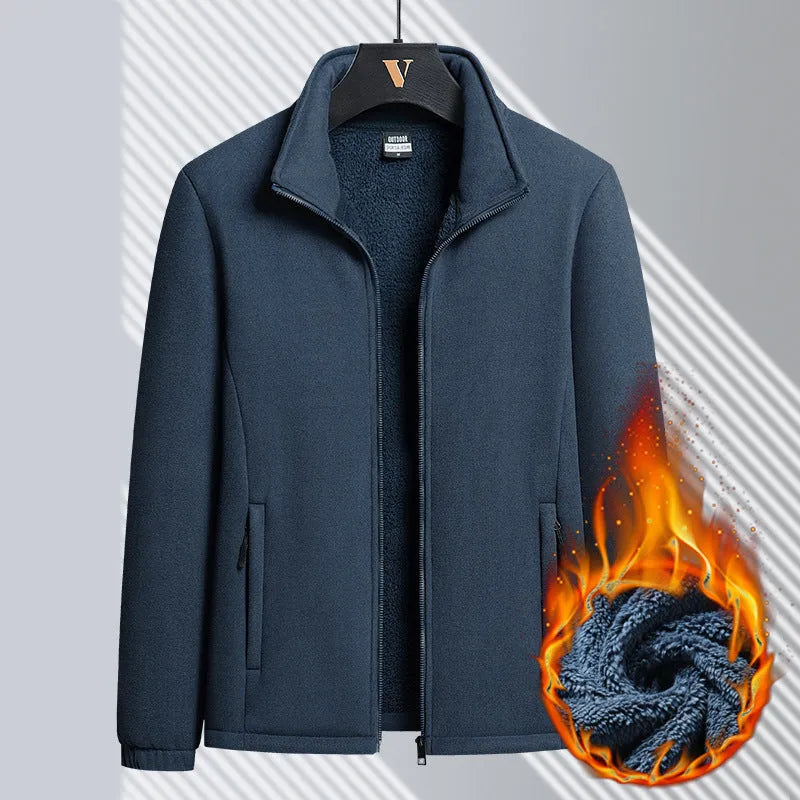 Men's grey Berber fleece coat with stand-up collar and zipper front