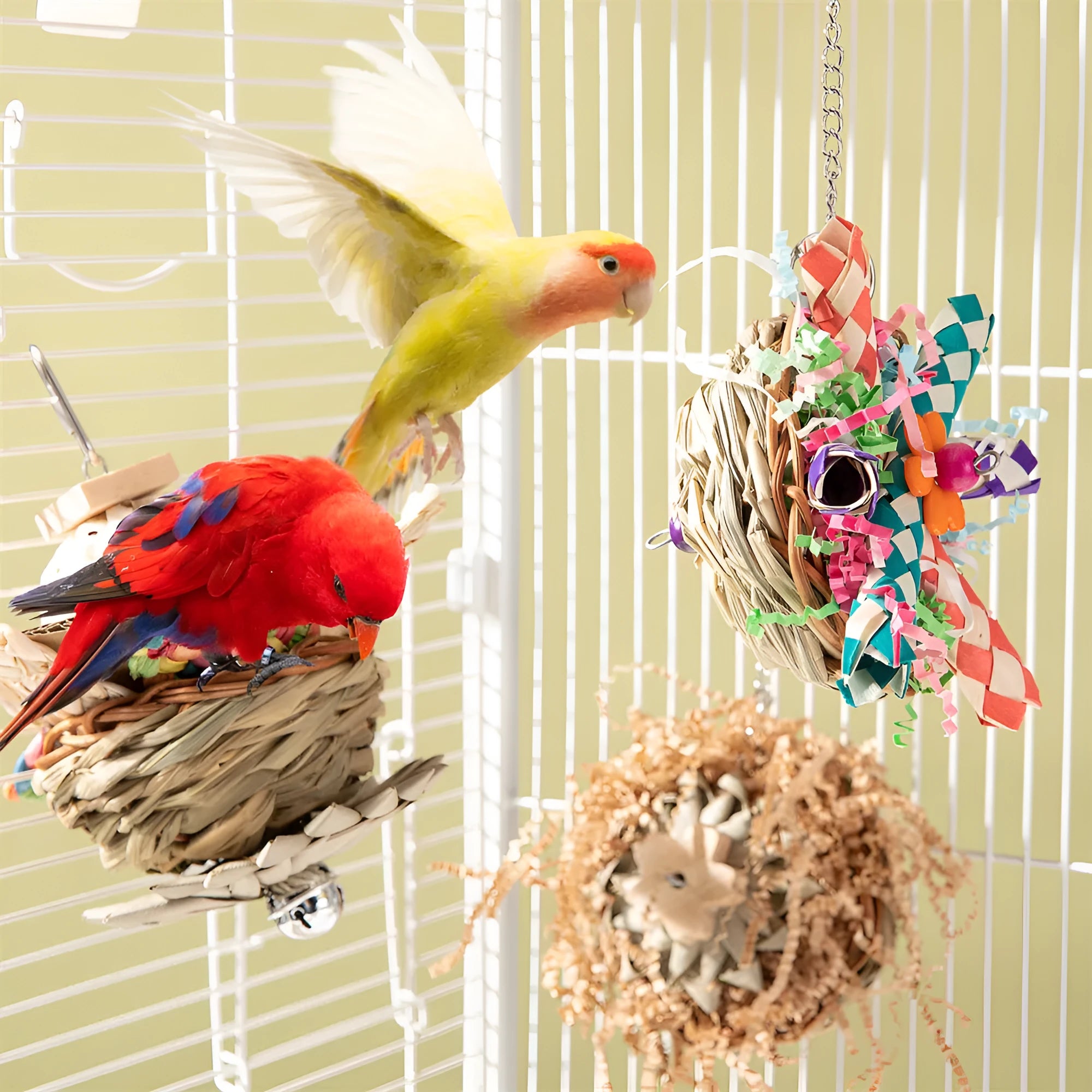 Three different weighted parrot chewing blocks for gnawing and beak maintenance