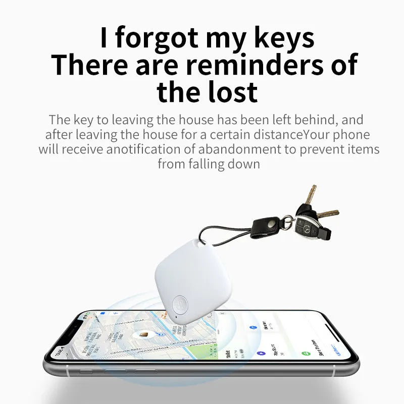 Bluetooth anti-lost tracker device for keys and wallet in black, white, pink, blue or green colours.
