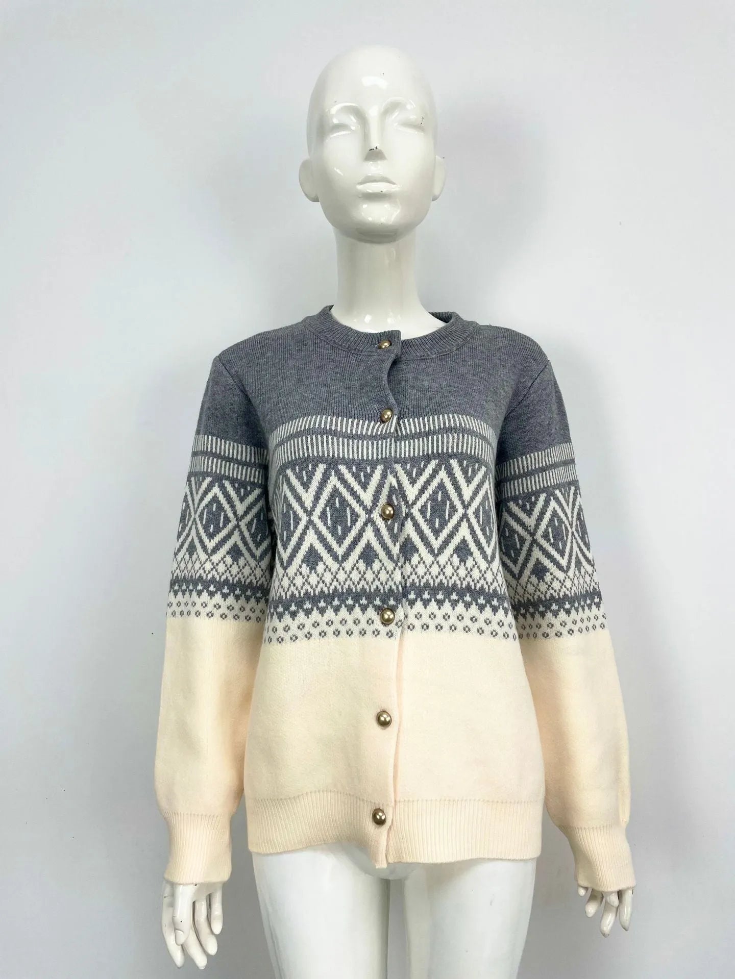 Women's red alpaca wool cardigan with diamond knit pattern and contrast colour detailing