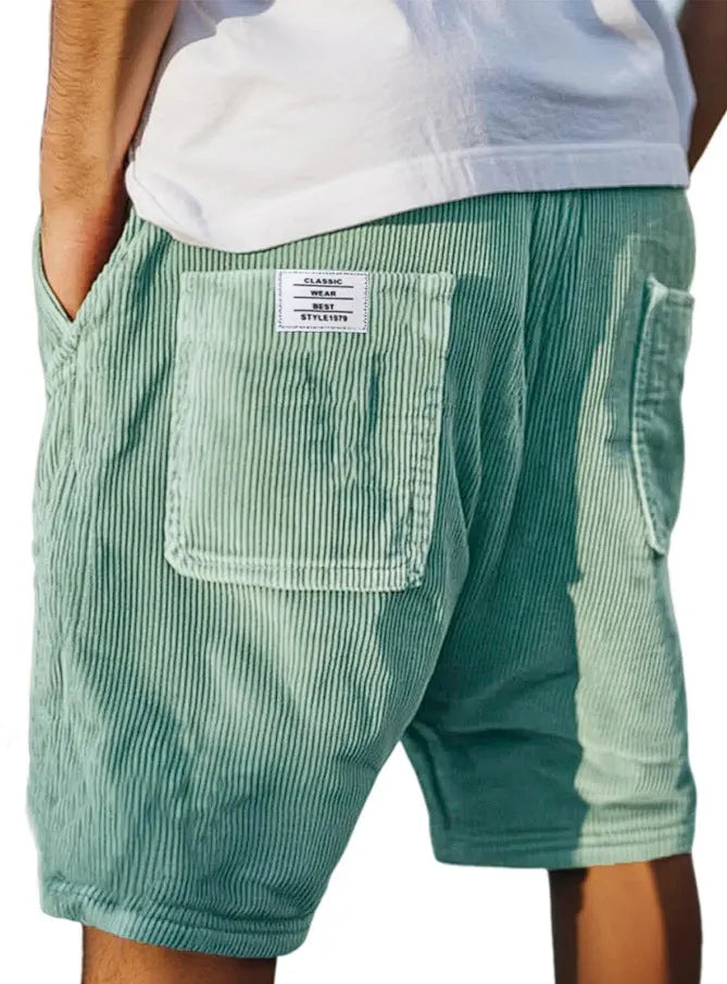 Men's grey corduroy shorts with multiple pockets and embroidery detail, straight-leg summer design