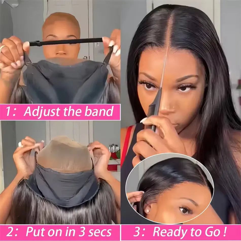 Human hair straight wig with glueless application and side bangs in natural style