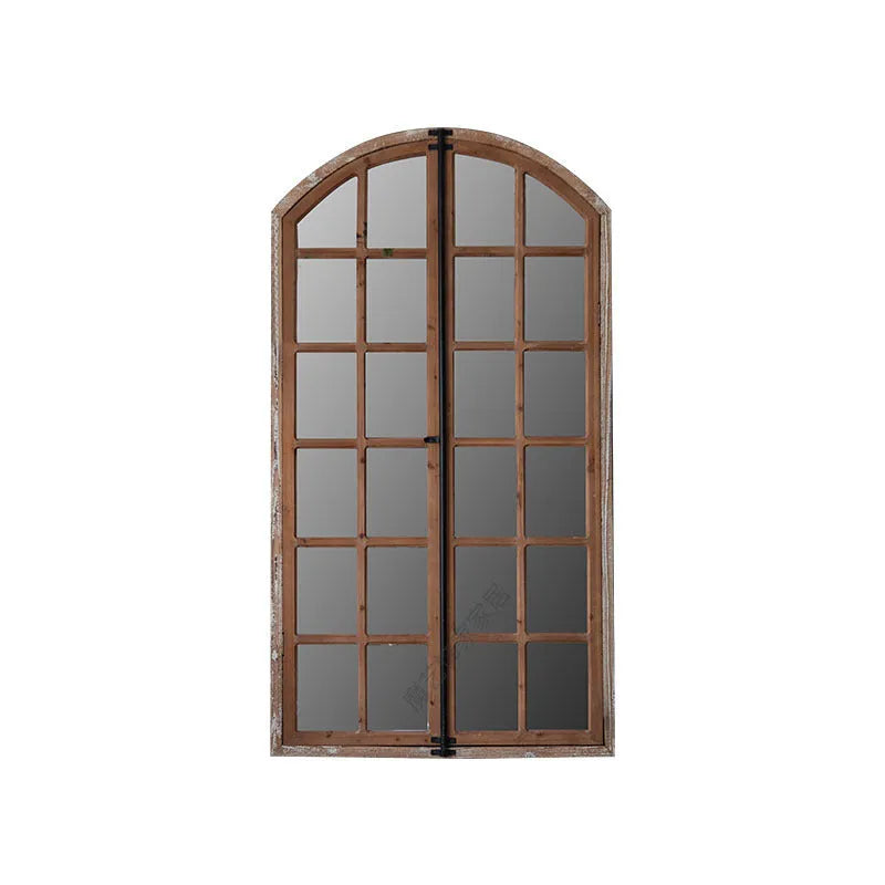 Distressed wooden frame fake window wall mirror in log colour