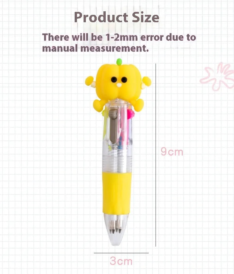 A cartoon-themed press-type ballpoint pen showing four-colour cartridge and a random print design on a silicone and plastic barrel.
