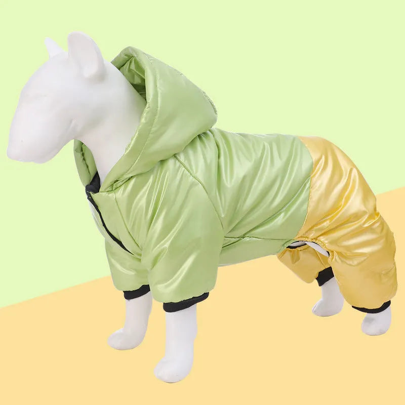 Green four-legged dog cotton coat showing waterproof windproof pet clothing design