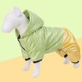 Green four-legged dog cotton coat showing waterproof windproof pet clothing design