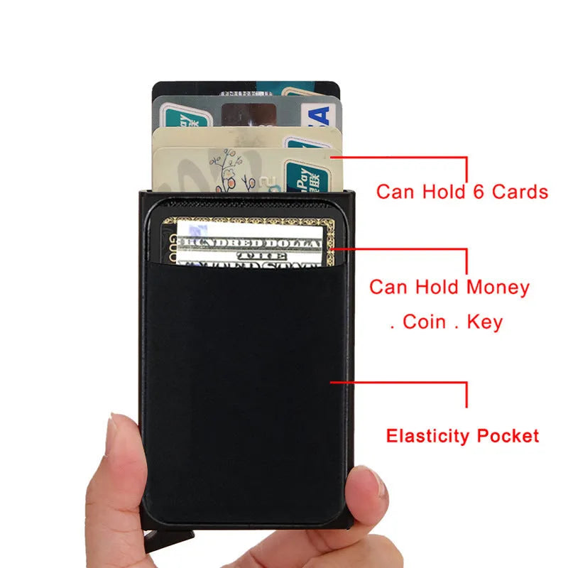 Metal credit card holder with RFID blocking in frosted aluminium alloy showing colour options