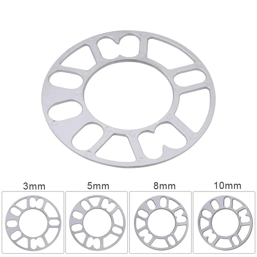 Automotive wheel hub widening gasket or spacer in 3mm, 5mm, 8mm, and 10mm thickness options.