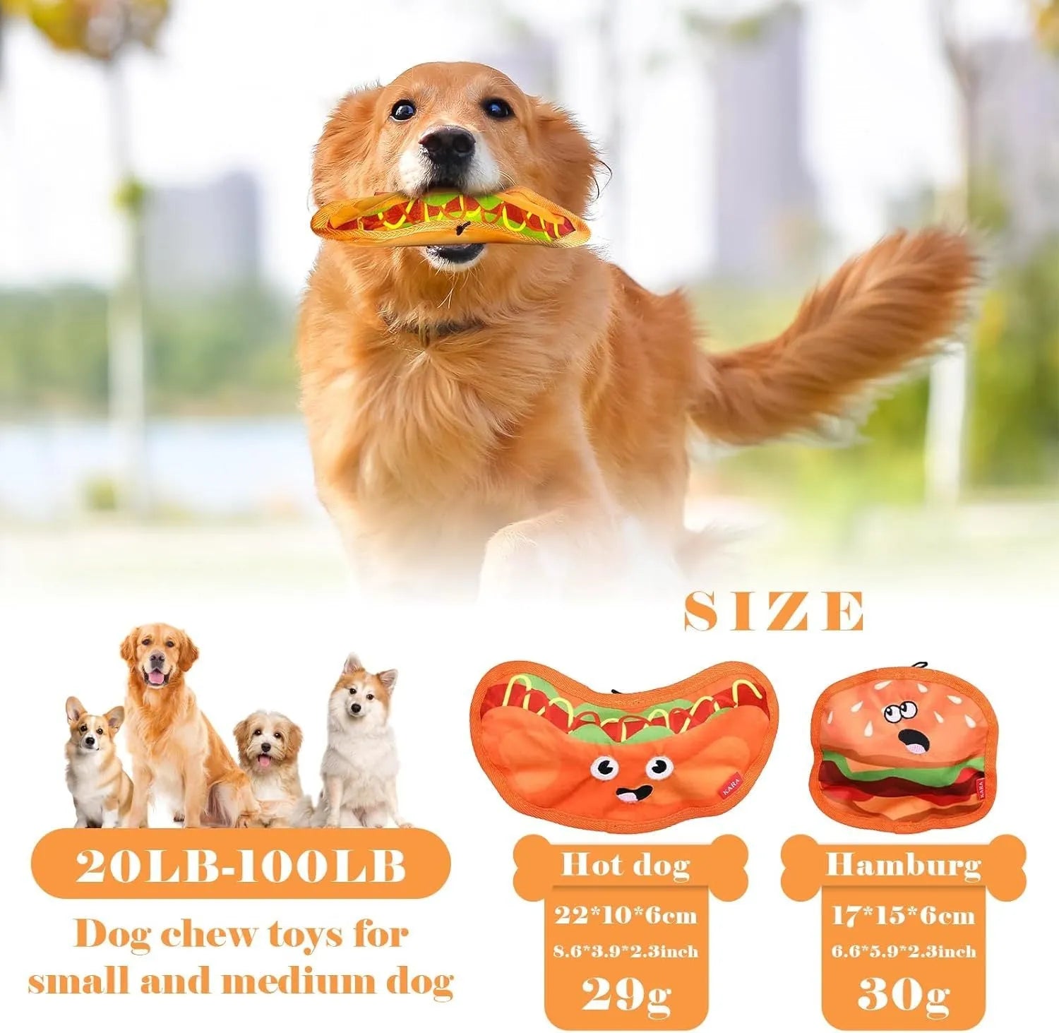 Hamburger-shaped dog toy with bright colours featuring crinkle and squeak sounds for interactive play