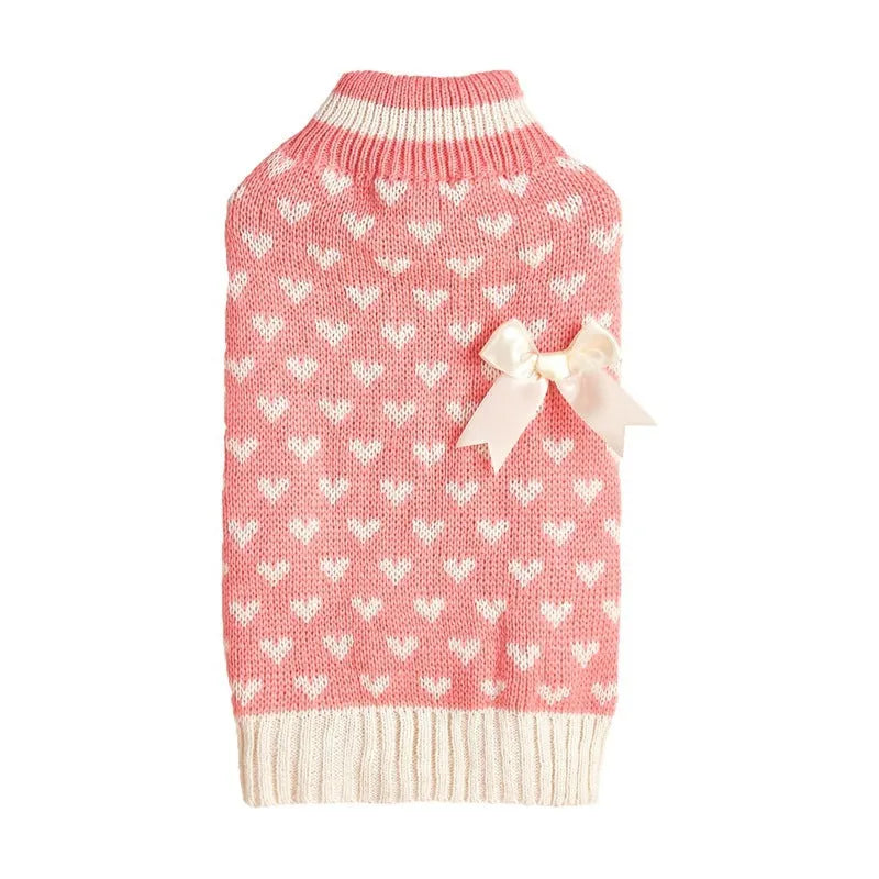 Acrylic knit dog sweater with bow and heart design in various colour patterns