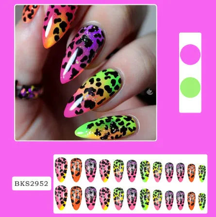 Wear Armour Medium Almond Frosted Nail Stickers set showing four patterns: French leaf, colourful plating, macaron, and leopard print.