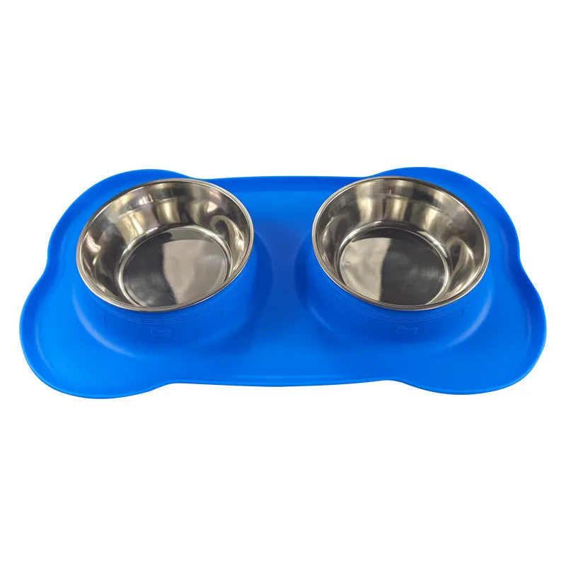 Large double dog bowl with stainless steel inserts in a grey silicone tray for two dogs.