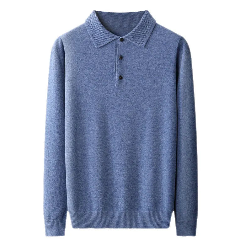 Men's woolen polo collar pullover sweater in noble blue colour on a hanger.