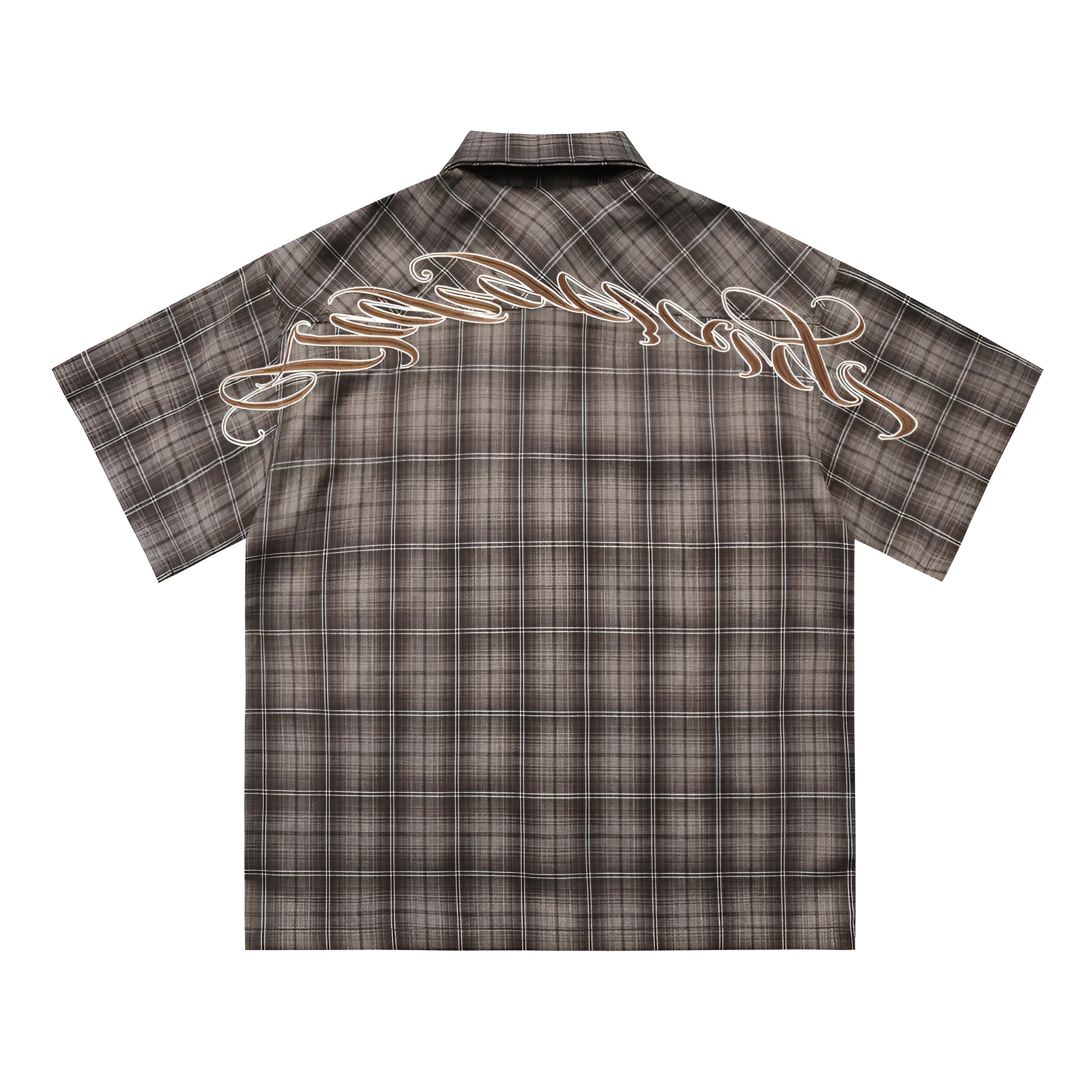 Men's black and brown plaid short sleeve shirt with embroidered letter detailing on the front