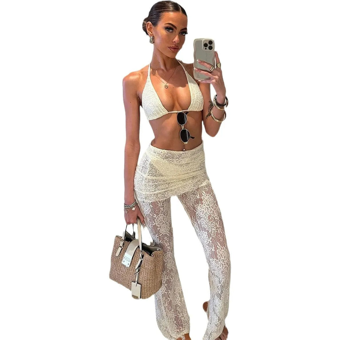 Women's lace three-piece bikini swimsuit set in solid white colour with Lycra lining