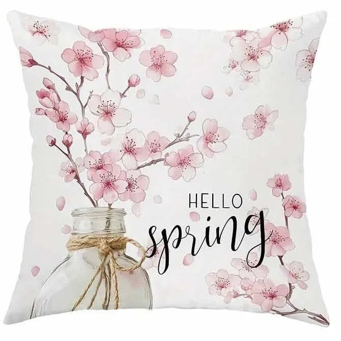 Short velvet cushion cover with cherry blossom and letter print in 45cm square size.