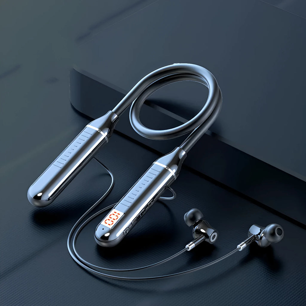 Black wireless Bluetooth neckband sports headphones with a battery display on the neckband.
