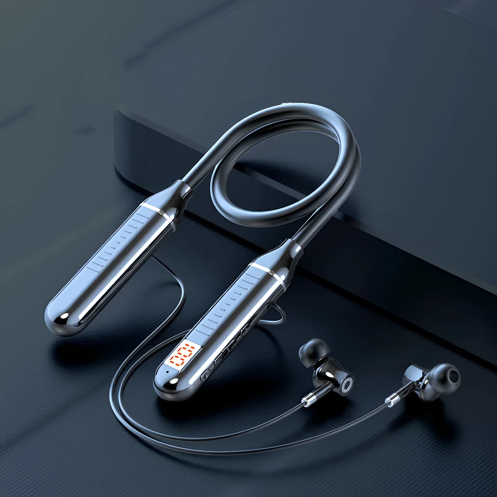 Black wireless Bluetooth neckband sports headphones with a battery display on the neckband.
