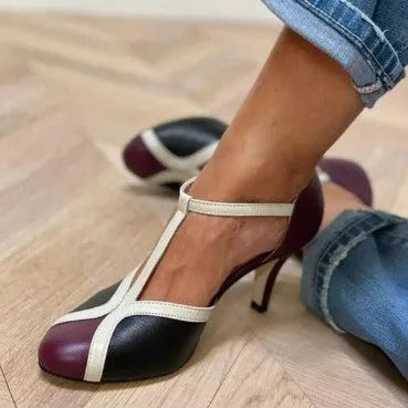 Women's round toe high heel shoes with button fastening in wine red black, blue rose red, and light blue pink colours