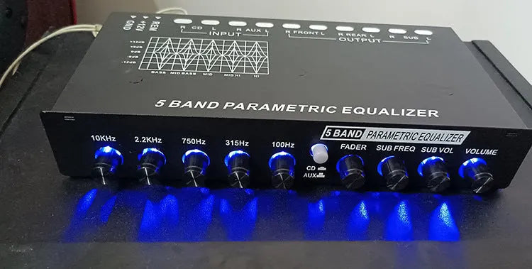 Black car audio EQ equaliser and frequency division amplifier with control panel and connection ports