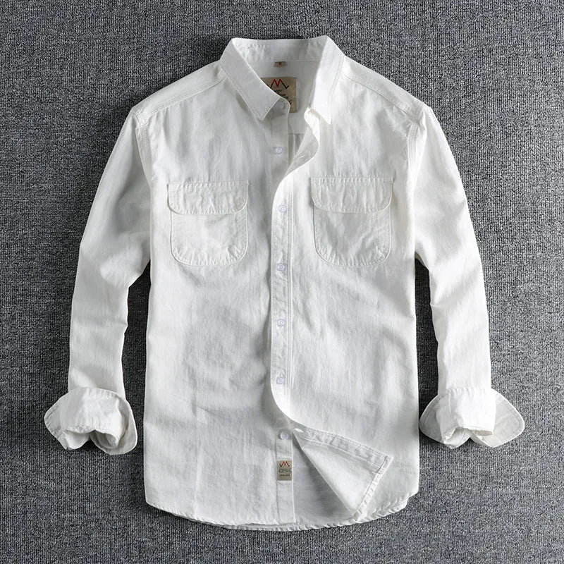 Men's retro cotton long sleeve shirt in light blue solid colour with cardigan style