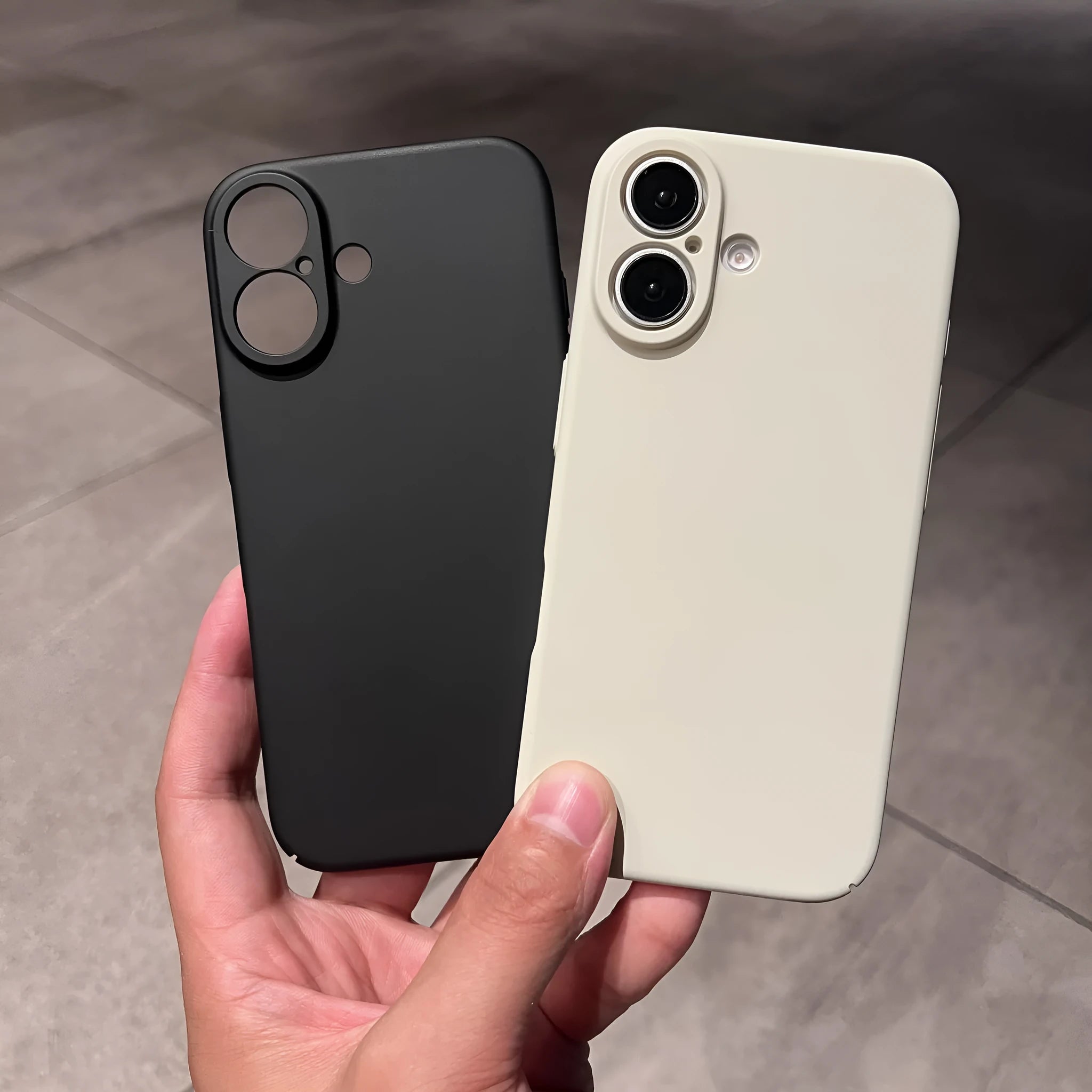 Ultra thin frosted plastic phone case for iPhone 15 Pro Max in black showing camera cutout