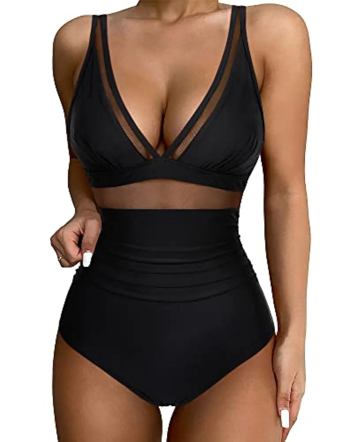 Women's high-waist one-piece swimsuit in quick-drying polyester fabric, backless design