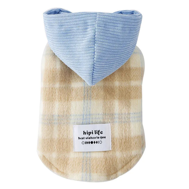 Blue hooded chessboard grid corduroy dog vest with traction styling for autumn winter wear