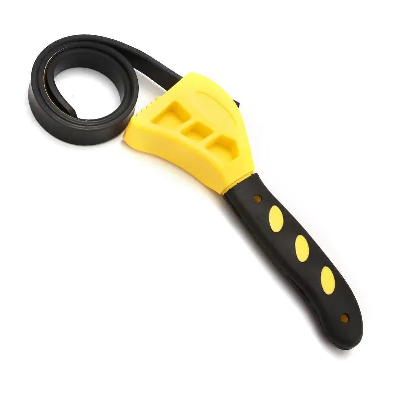 A 6-inch and an 8-inch adjustable rubber strap wrench with a phosphated metal handle.