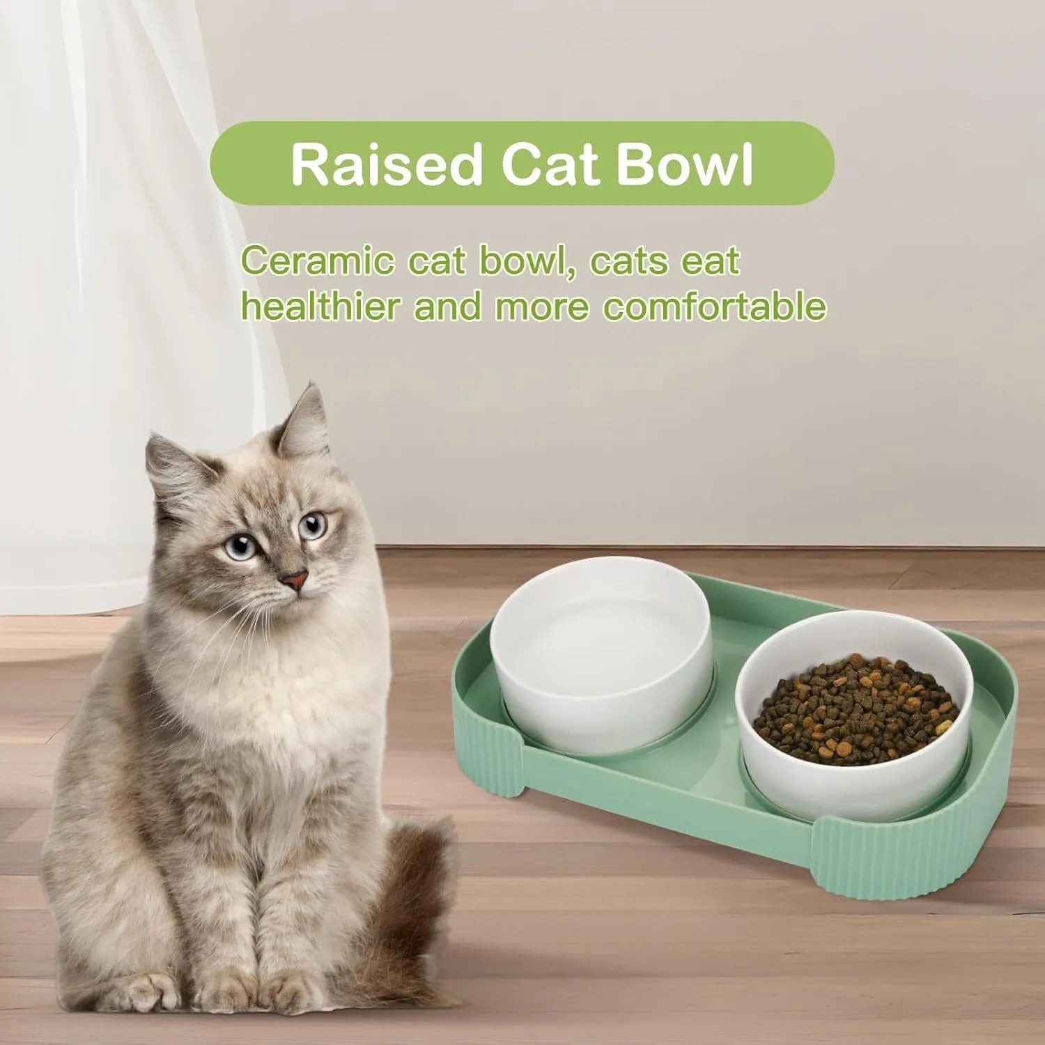 Green ceramic raised pet feeder with two tilted bowls on a non-slip stand