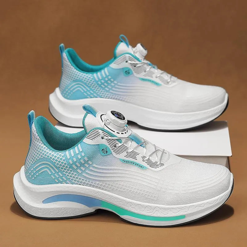 Men's white and blue low-top mesh sneakers with a rotating buckle closure and rubber sole.