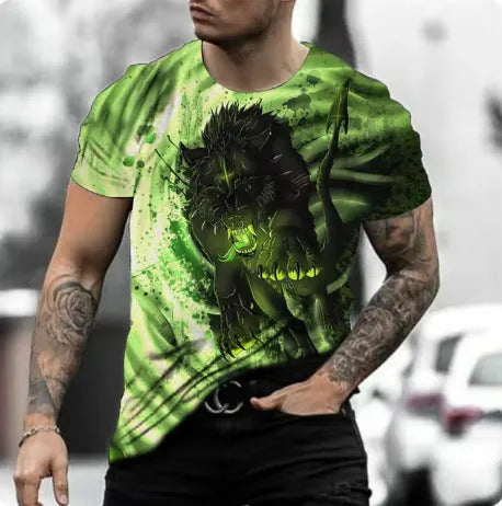Retro 3D animal print on a men's short-sleeved light blue polyester t-shirt laid flat.
