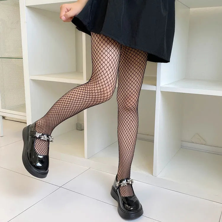 Women's summer mesh stockings in black and white, showing large, medium, and small net patterns.
